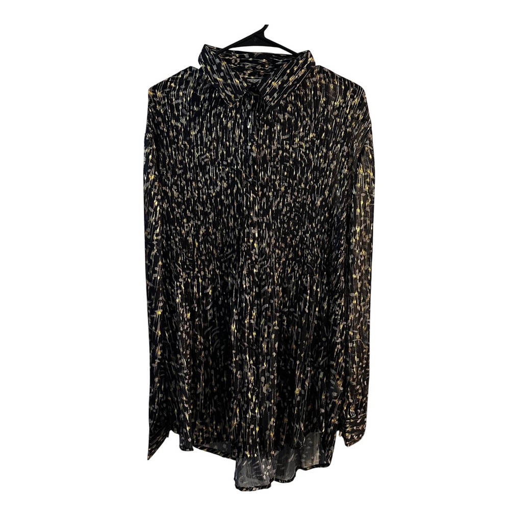 Spense Women's XL‎ Black Gold Metallic Pleated Abstract Print Button Down Blouse